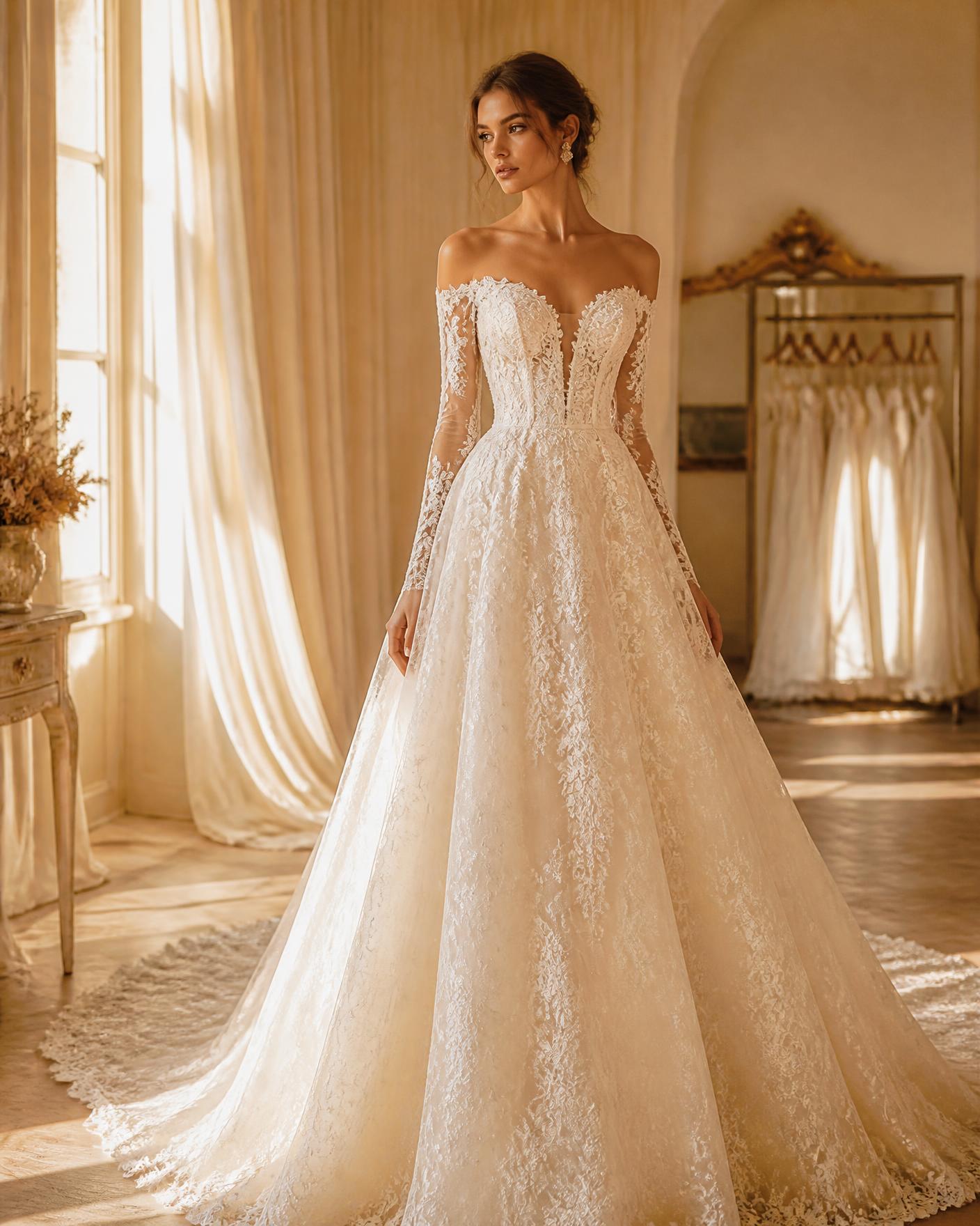 Novia con vestido de encaje marfil en la tienda Manu Novias